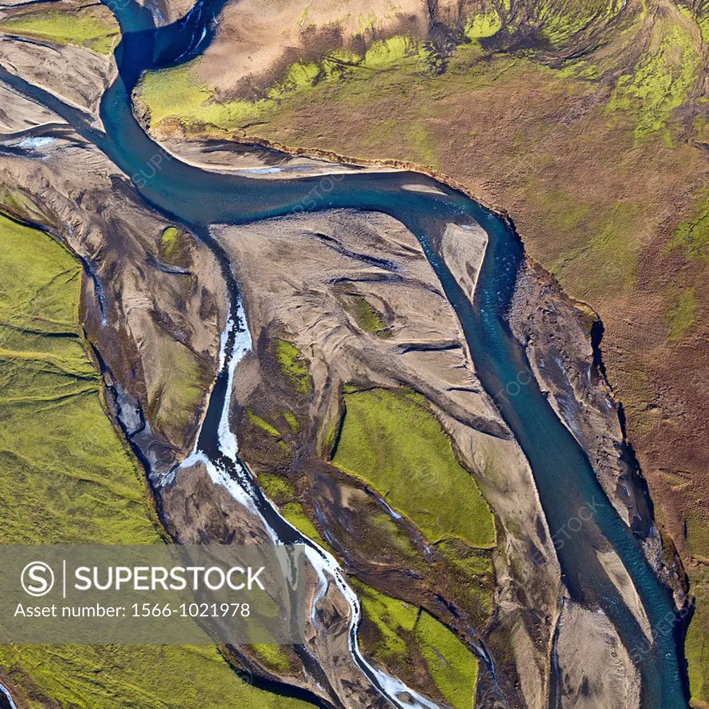 Aerial of riverbeds with moss and mountains, Emstrur Area  Iceland  Region near Katla, a subglacial volcano under Myrdalsjokull Ice Cap