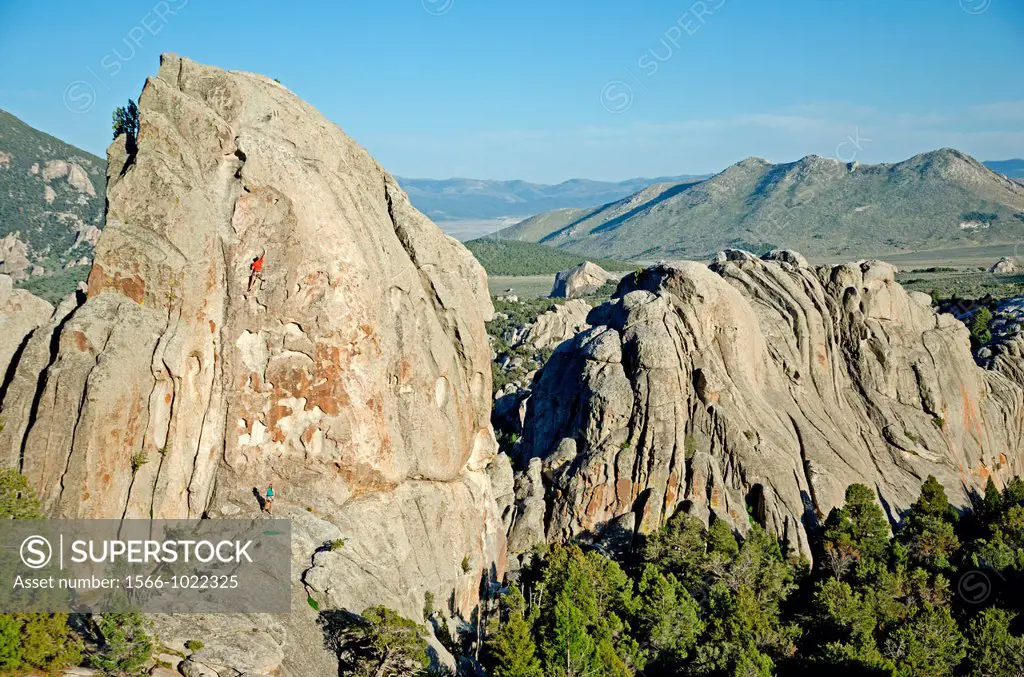 Rock climbing Swiss Cheese which is rated 5,7 and located on the Anteater at The City Of Rocks National Reserve near the town of Almo in southern Idah...