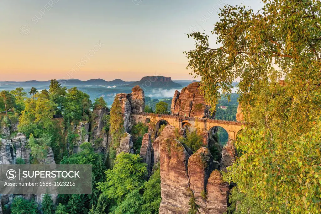 View from Ferdinand stone to the spectacular rock formation Bastei Bastion and Bastei Bridge It is one of the most visited tourist attractions in the ...