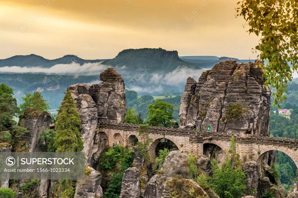 View from Ferdinand stone to the spectacular rock formation Bastei Bastion and Bastei Bridge It is one of the most visited tourist attractions in the ...
