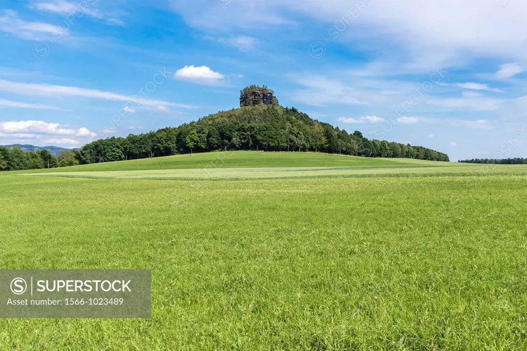 View to the Zirkelstein rock. The Zirkelstein is the smallest table mountain in the national park Saxon Switzerland It is a wooded, cone-shaped hill w...