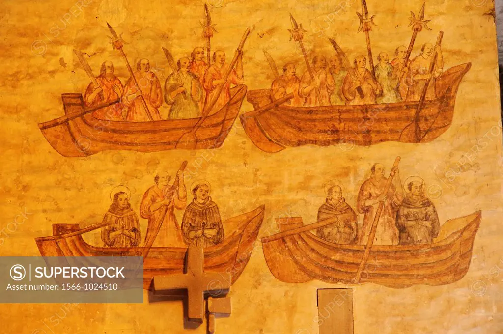 Mexico, Morelos, Cuernavaca. Cathedral of the Assumption of MarÌa s XVI Murals showing San Felipe of Jesus and their companions sailing into Nagasaki ...