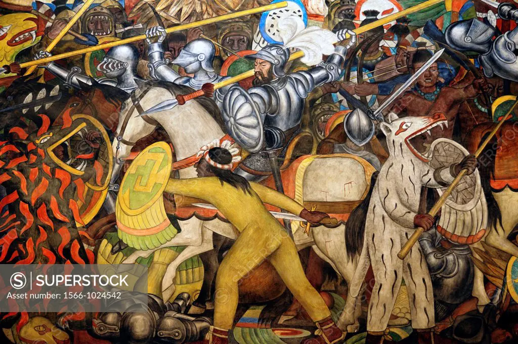 America. Mexico. Mexico DF. National Palace History of Mexico mural The Conquest, detail. Diego Rivera´s Work 1886-1957