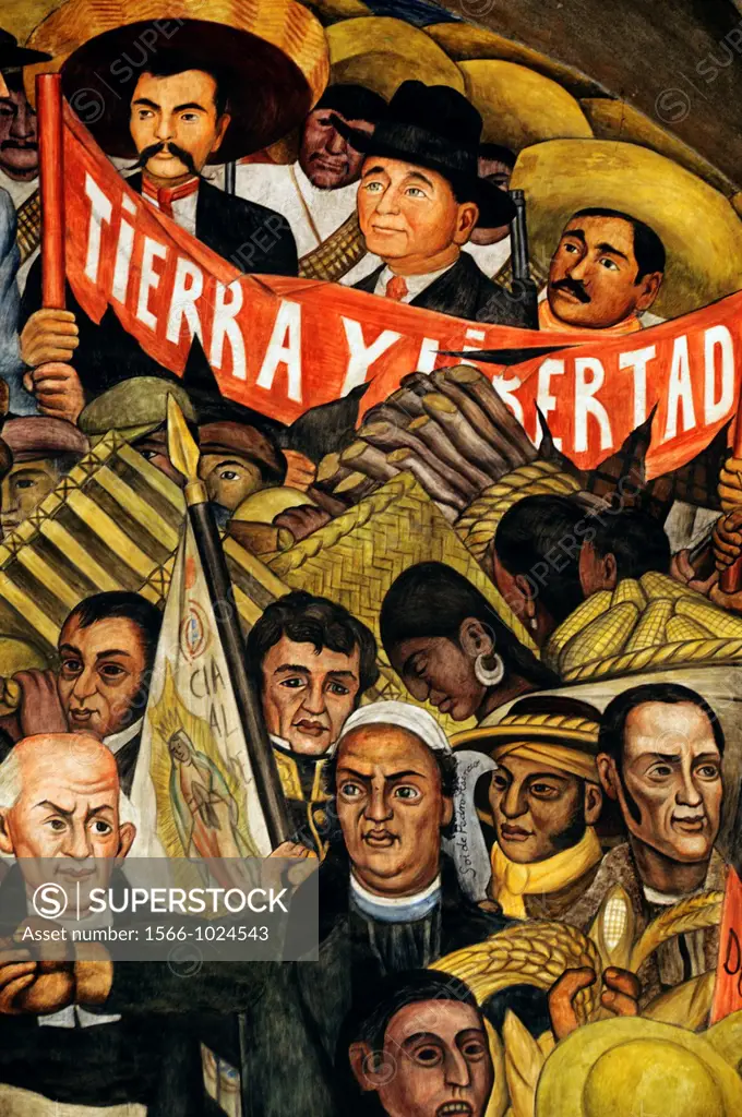 America. Mexico. Mexico DF. National Palace Independence War and the Mexican Revolution mural, detail with the main heroes, Father Hidalgo, Morelos, A...