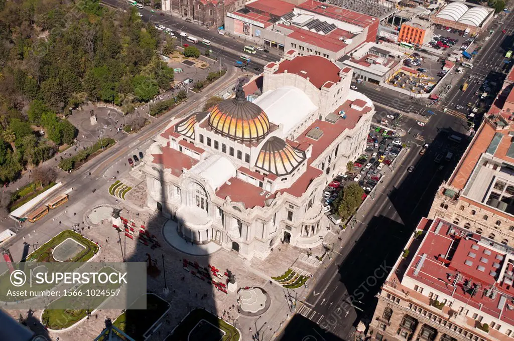 America. Mexico. Mexico DF. Palacio de Bellas Artes Fine Arts Palace and Avenida Lázaro Cárdenas, aerial view from the Torre Latinoamericana