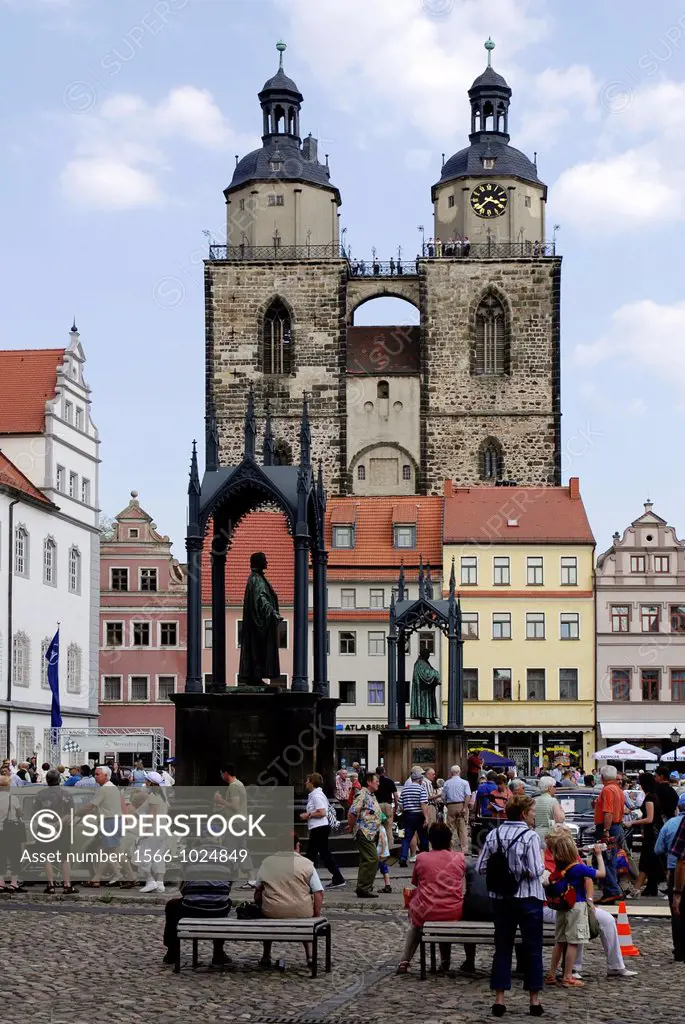 Market place of Wittenberg with the church Saint Marien and the memorials for Martin Luther and Philipp Melanchthon - Caution: For the editorial use o...