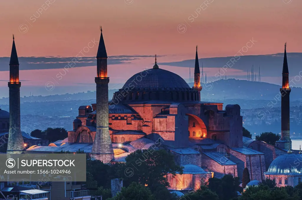 Hagia Sophia museum and Bosphorus at sunrise, Istanbul, Turkey