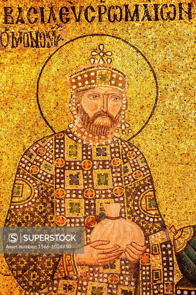 Hagia Sophia, Detail of the Empress Zoe mural mosaic representing the Christ Pantocrator, the Empress Zoe and Constantine IX Monomakhos, Istanbul, Tur...