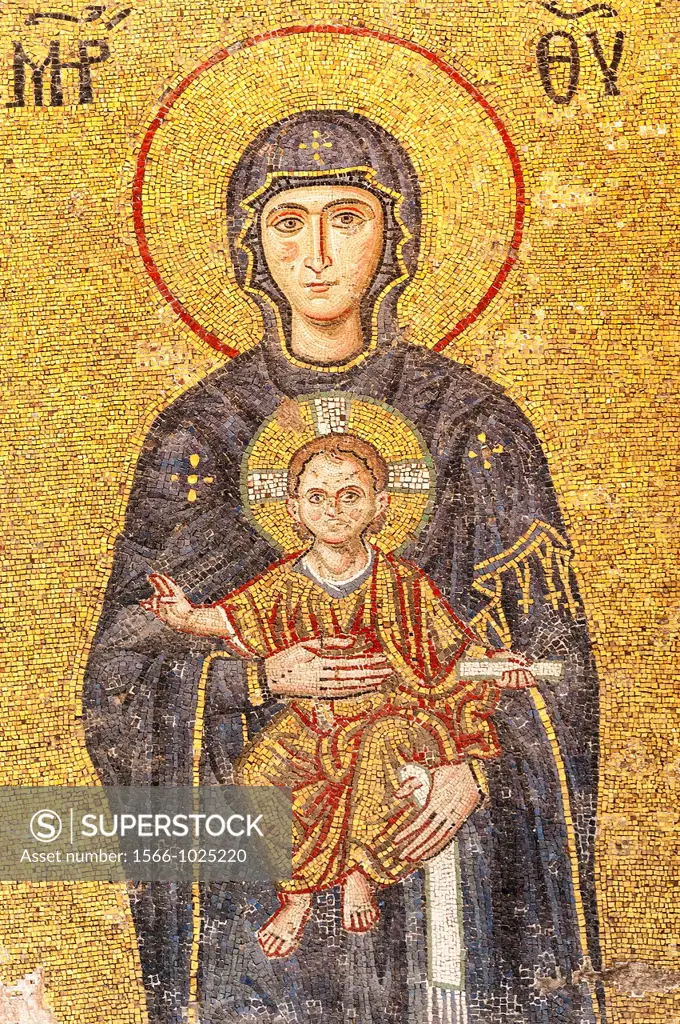 Hagia Sophia, Detail of the Comnenus mural mosaic representing the Virgin Mary and Child, Emperor Johannes Kommenos II and the Empress Irene, Istanbul...