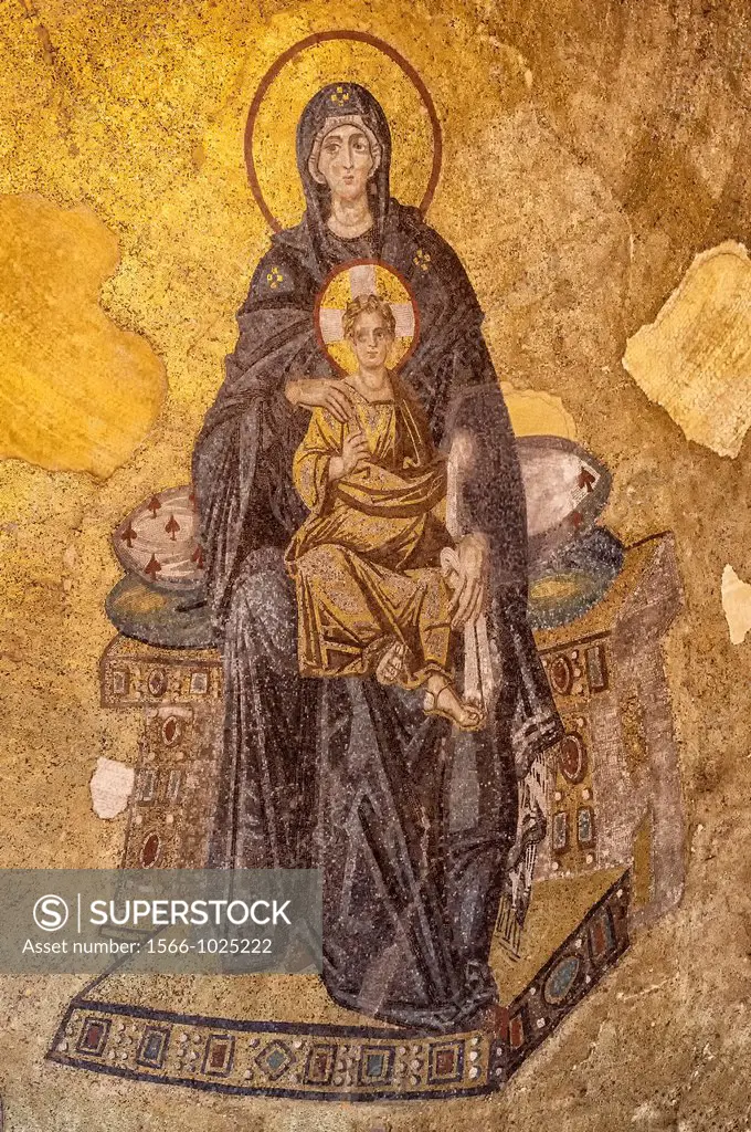 Hagia Sophia, Apse mural mosaic of the Theotokos representing the Virgin Mary and the Child, Istanbul, Turkey