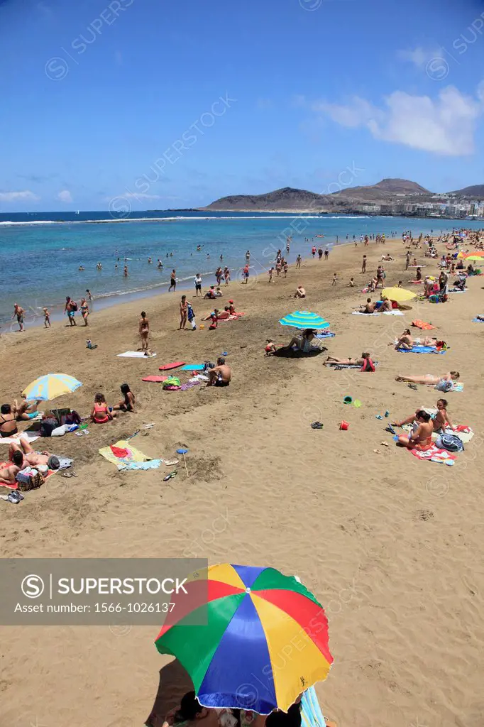 Spain, Canary Islands, Gran Canaria, Las Palmas, Playa de las Canteras, beach, people,