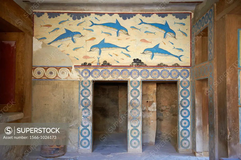 Greece, Crete island, Iraklion, archeological site of Knossos, dolphin fresco