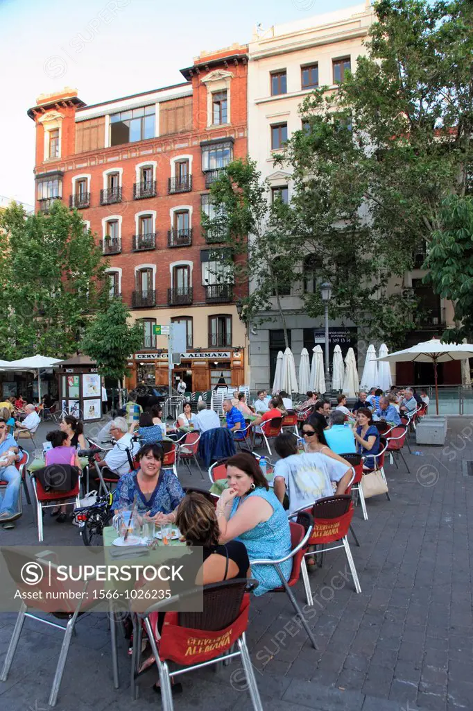 Spain, Madrid, Plaza de Santa Ana, street cafe, people,