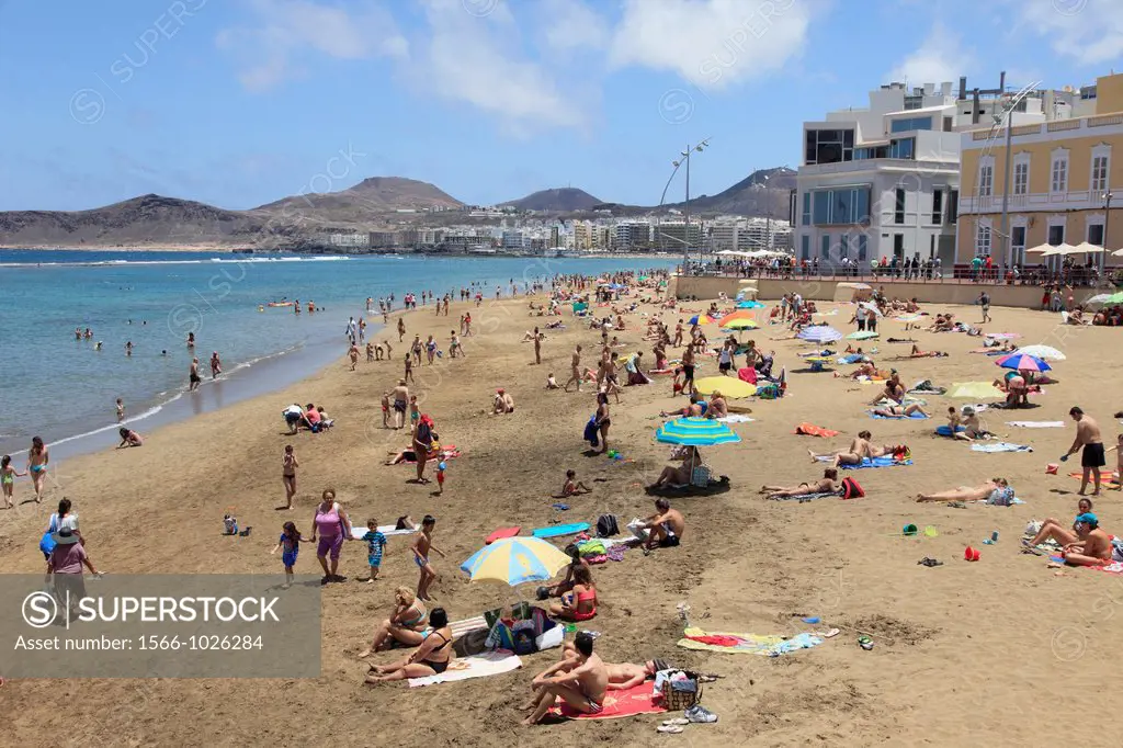 Spain, Canary Islands, Gran Canaria, Las Palmas, Playa de las Canteras, beach, people,