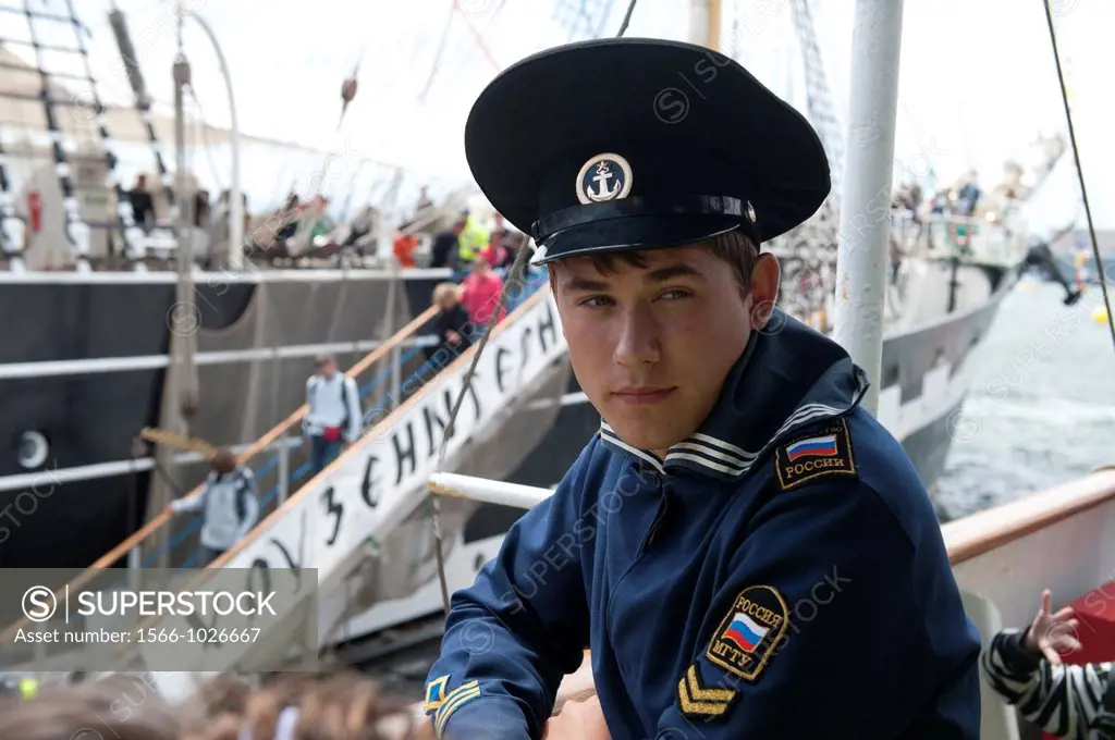 A young sailor on the russian navy ship the Sedov during the Tonnerres de Brest 2012 - International maritime festival, Brest France,