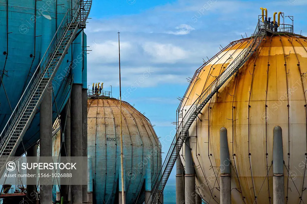 Butane gas tanks, distribution plant at Campa Torres, El Musel port Gijón, Asturias, Spain