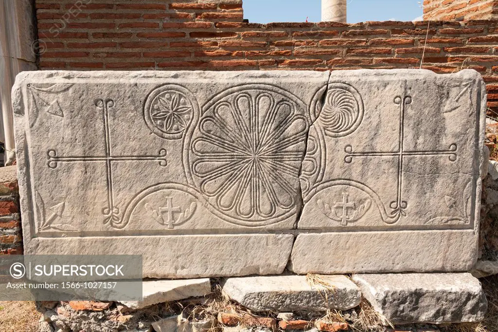 Carved stone detail on an exhibit at Saint Johns Basilica, Selcuk, near Ephesus, Turkey