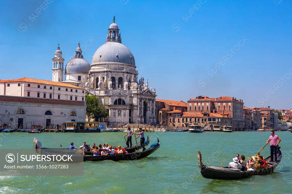 Italy , Venezia City ,Gondolas at Gran Canal ,Santa Maria de la Salute Basilica