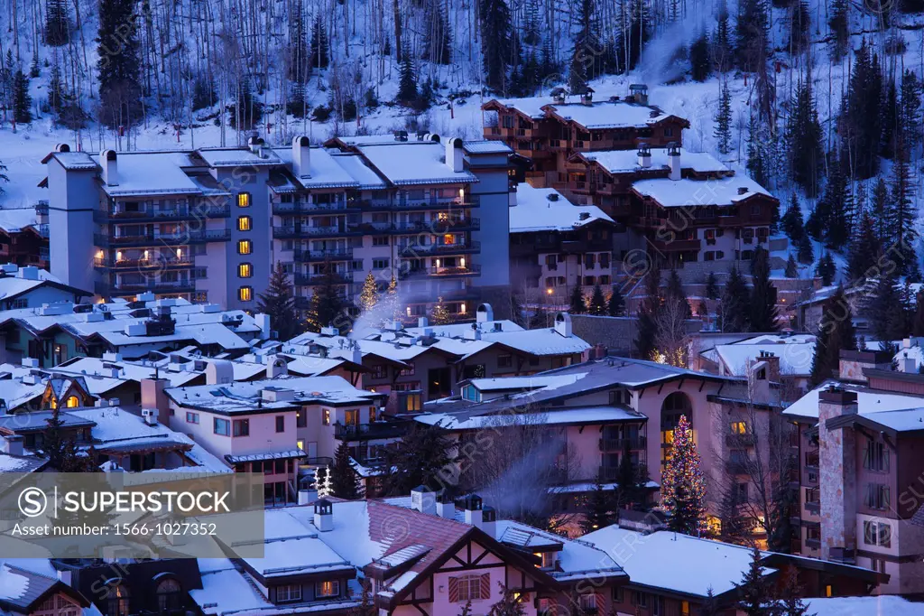 USA, Colorado, Vail, elevated town and resort view, dawn, winter