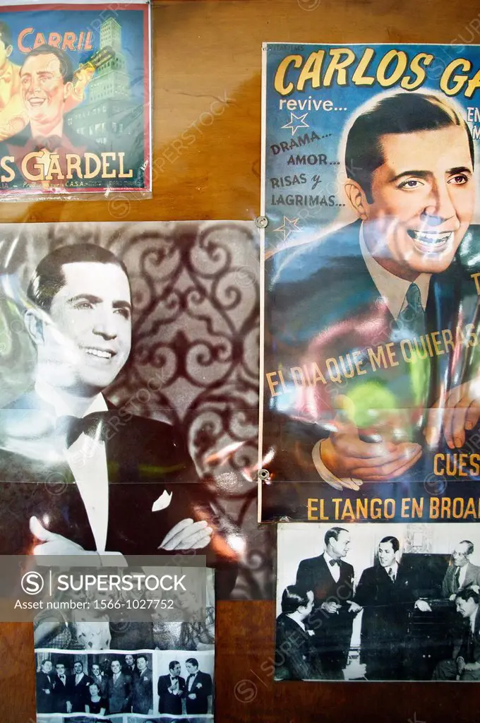 Tango memorabilia of Carlos Gardel inside a bar, San Telmo District, Buenos Aires, Argentina.