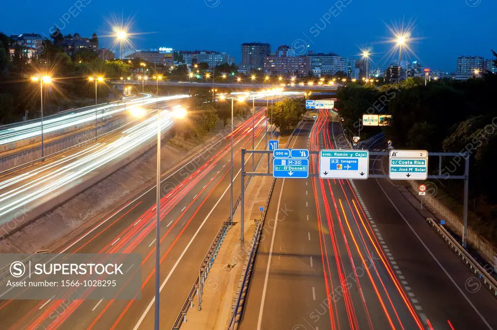 M-30 motorway, night view. Madrid, Spain.