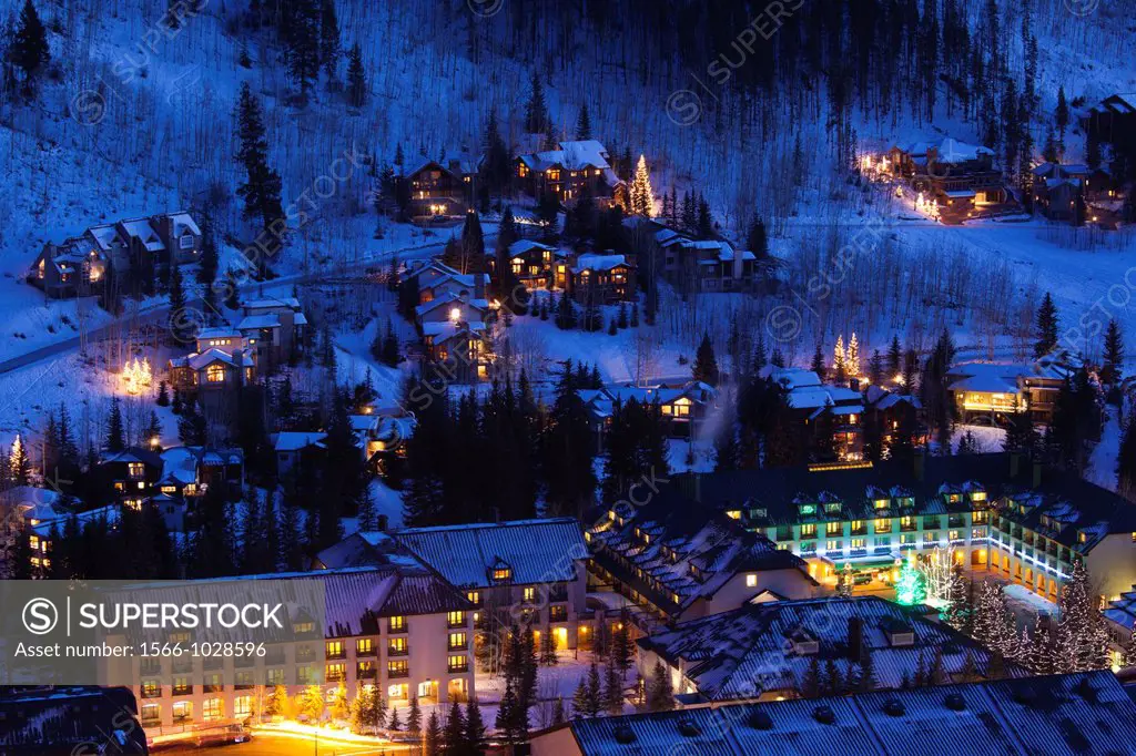 USA, Colorado, Vail, elevated view of Vail Cascade Resort Hotel, dusk, winter