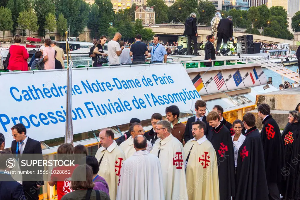 Paris, France, Christian Pilgrims Celebrating August 15, Assumption of the Virgin Mary, with Boat Ride on the Seine River