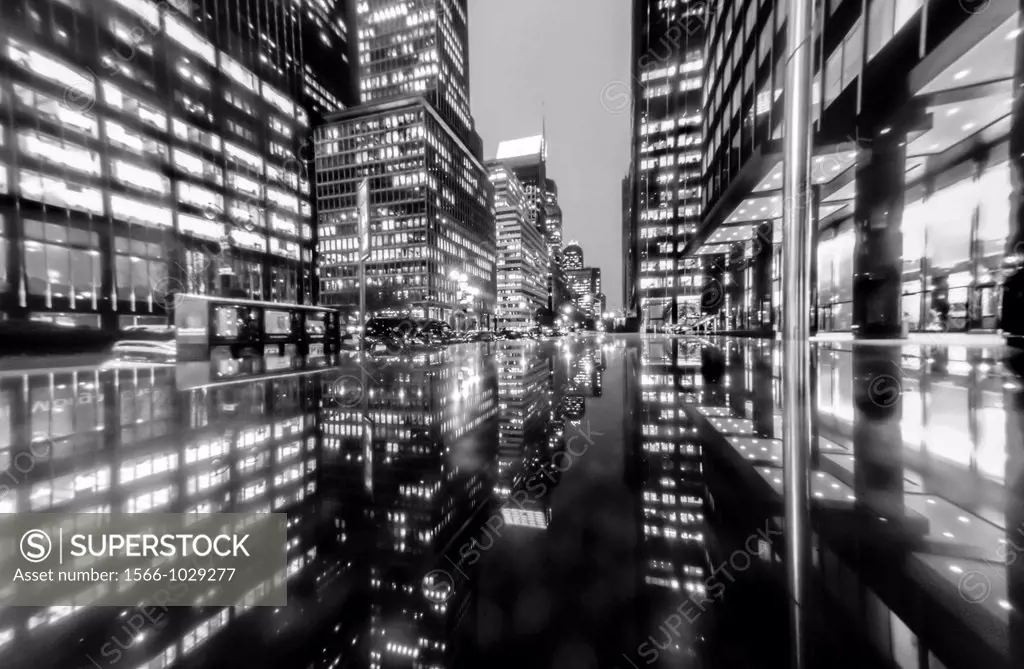 New York, NY , U S A  - Looking up, Cityscape, Buildings on Park Avenue Financial District, Night, Fish-eye Effect