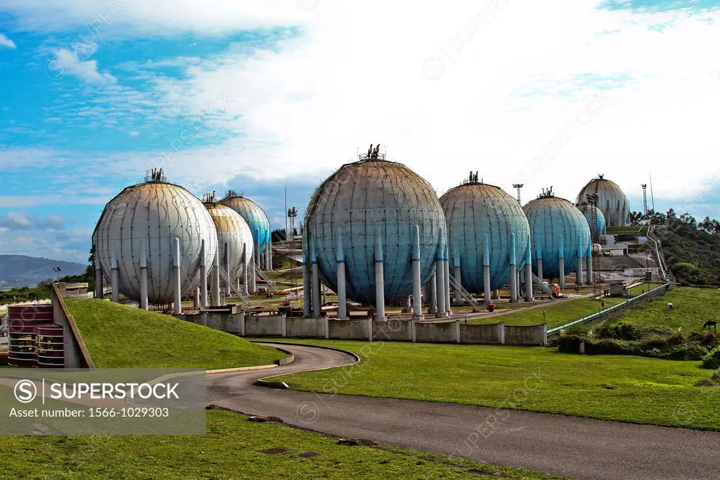 Butane gas tanks, distribution plant at Campa Torres, El Musel port Gijón, Asturias, Spain