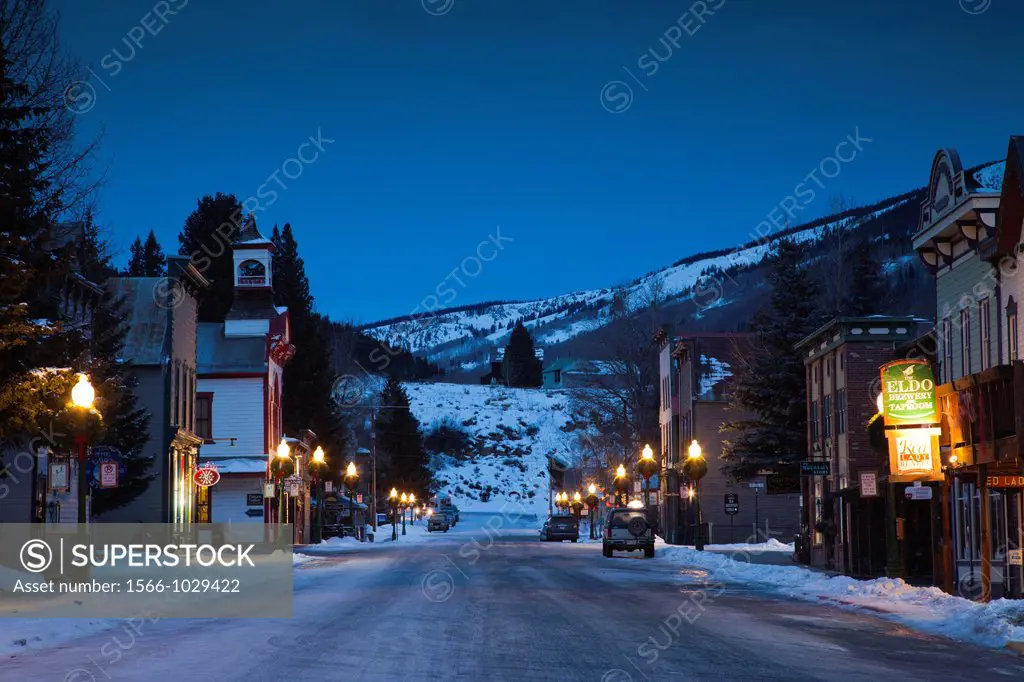 USA, Colorado, Crested Butte, historic buildings along Elk Avenue, winter, dawn