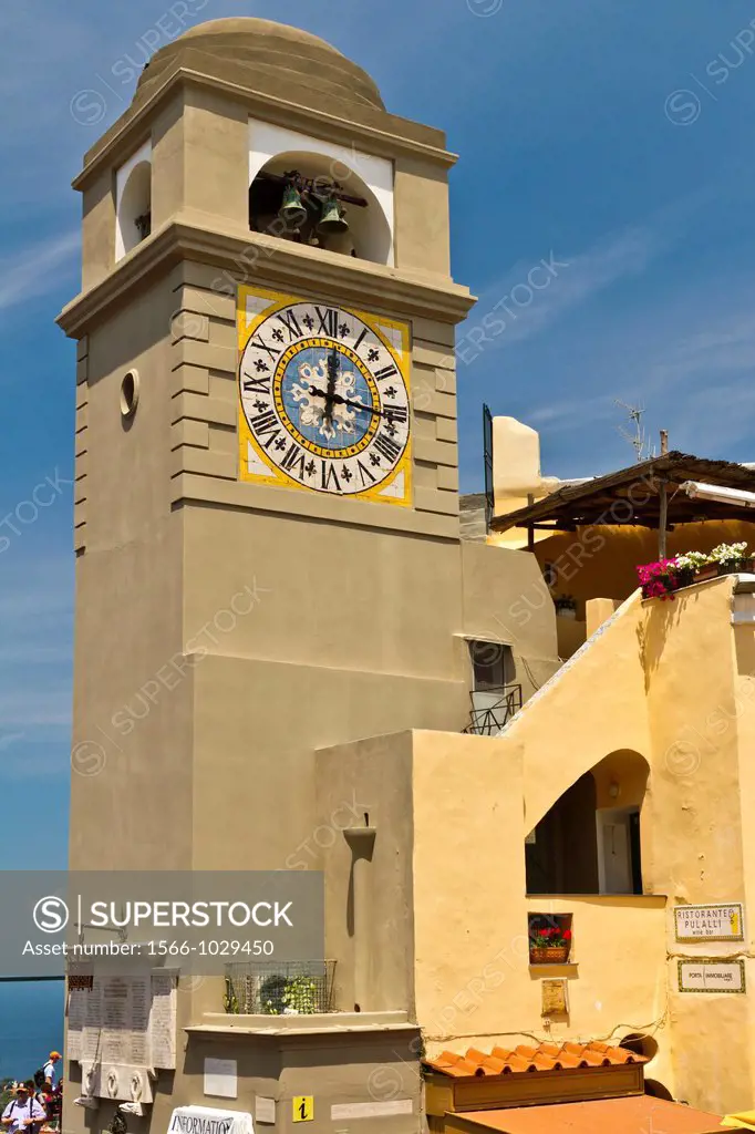 The clock tower in the town of Capri on the Island of Capri, Campania, Italy