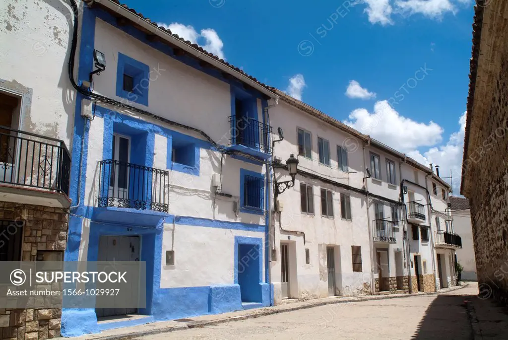 Blue house, street after Church Guadalaviar, Universal Mounts, Teruel, Spain, Europe