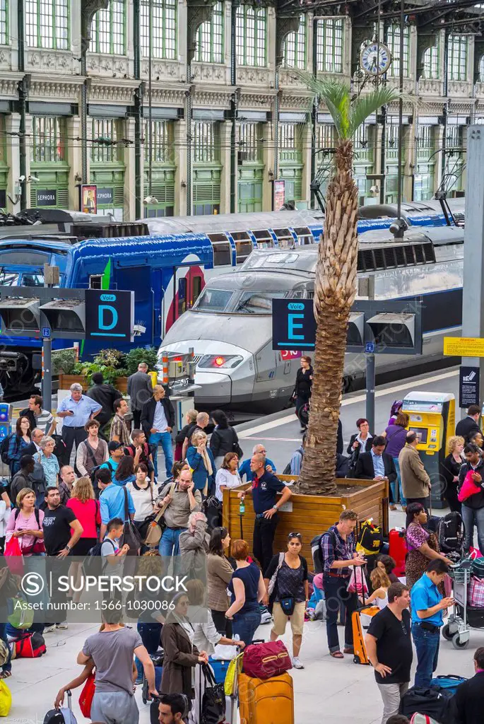 Paris, France, Aerial View, Crowd Travelers on platform in Train Station, Gare de Lyon, with T.G.V. Bullet Train in Background. 