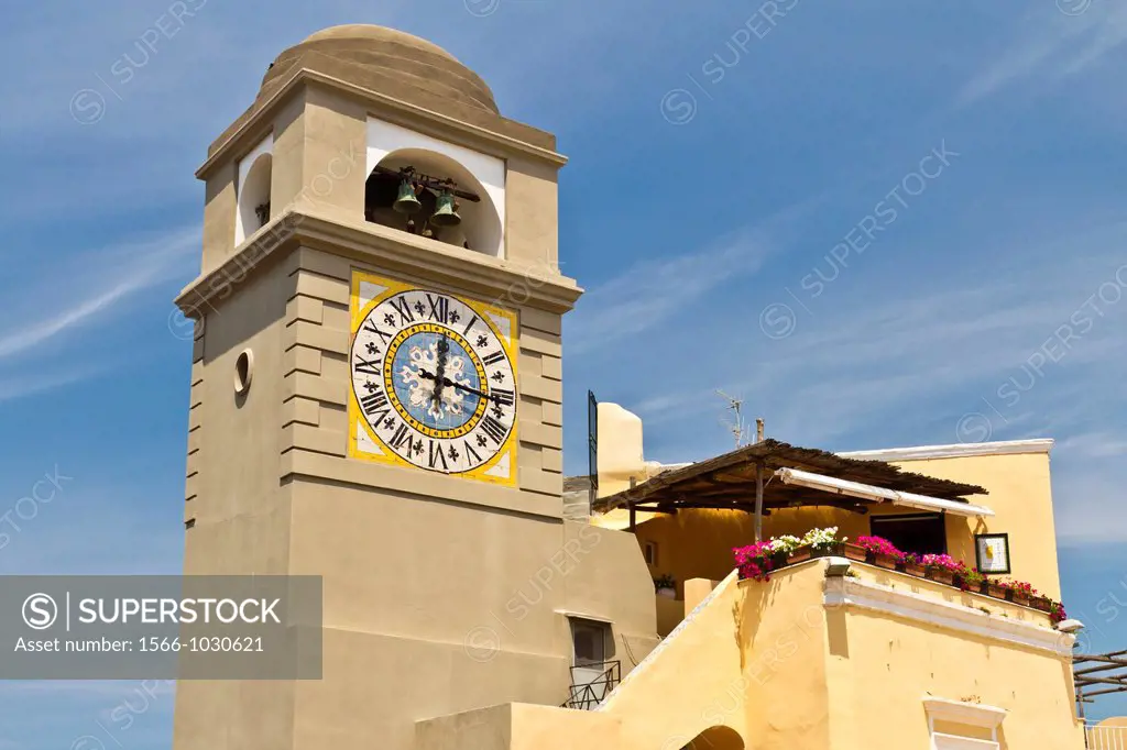 The clock tower in the town of Capri on the Island of Capri, Campania, Italy