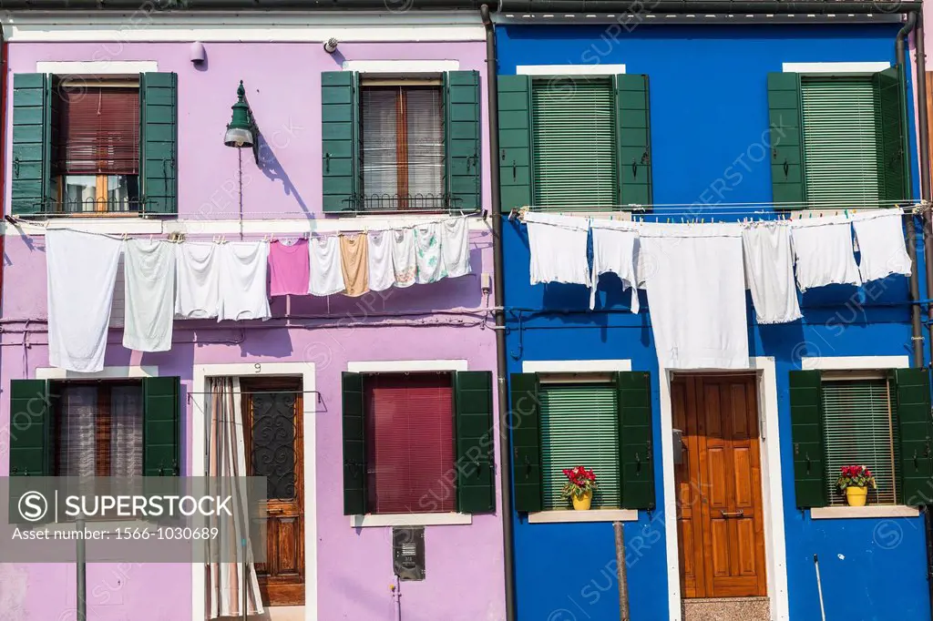 Close up of colorful houses in Burano, Venice, Italy, Europe