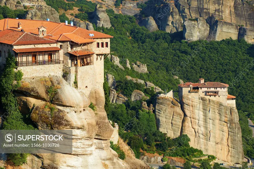 Greece, Thessaly, Meteora, Unesco World Hertitage, Megalo Meteoro monastery and Roussanou monastery