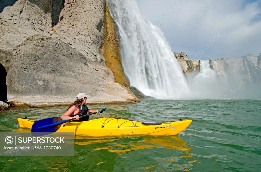 Kayaking on the Snake River below Shoshone Falls in the Snake River Canyon near the city of Twin Falls in southern Idaho