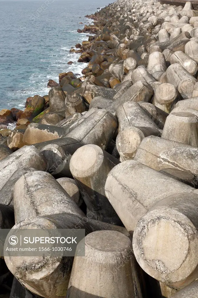 Coastal protection with tetrapods. Sao Miguel island, Azores islands