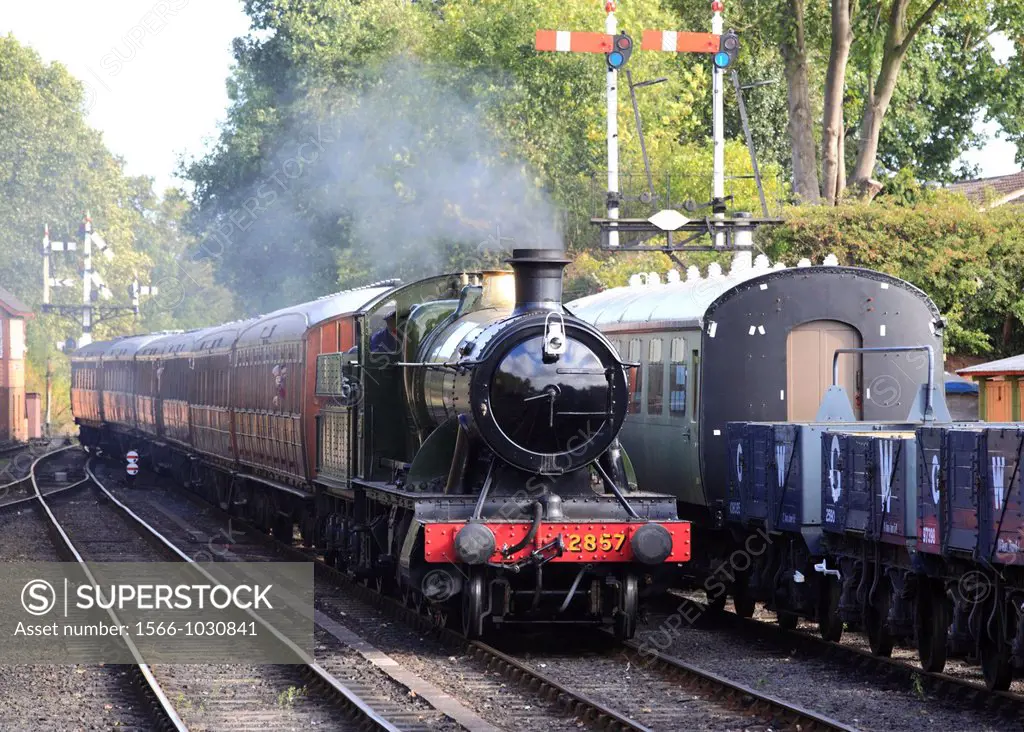 Steam Engine No 2857 enters Bewdley Station on the Severn Valley Railway, Worcestershire, England, Europe