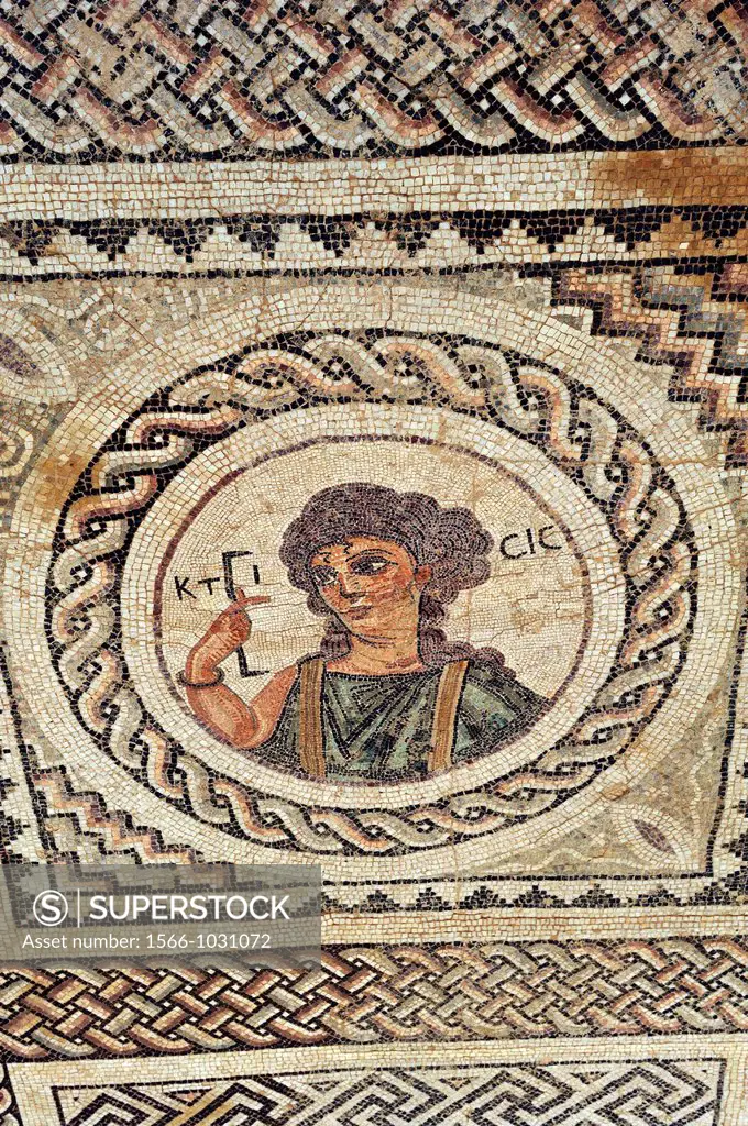 Roman mosaic of the AD 4th C, depicting Ktisis, personification of the act of foundation and architectural art: she holds the instrument for the Roman...