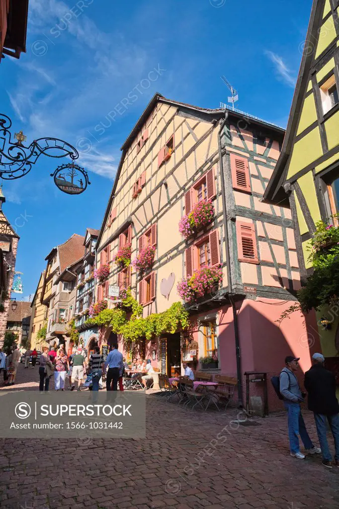Charming traditional houses in Riquewihr, Alsace, France, Europe