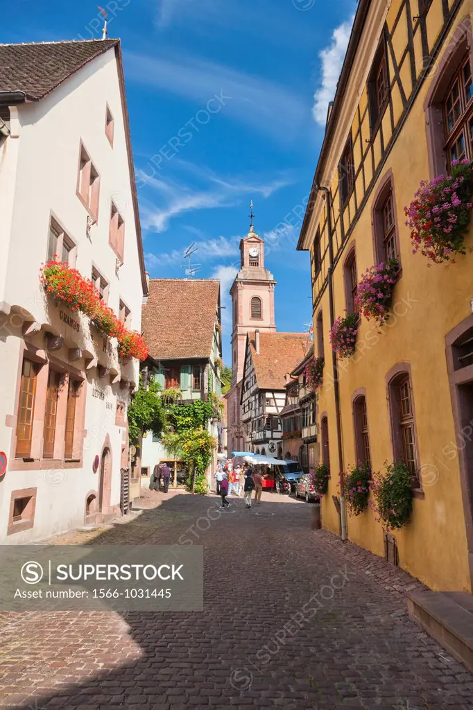 Charming traditional houses in Riquewihr, Alsace, France, Europe
