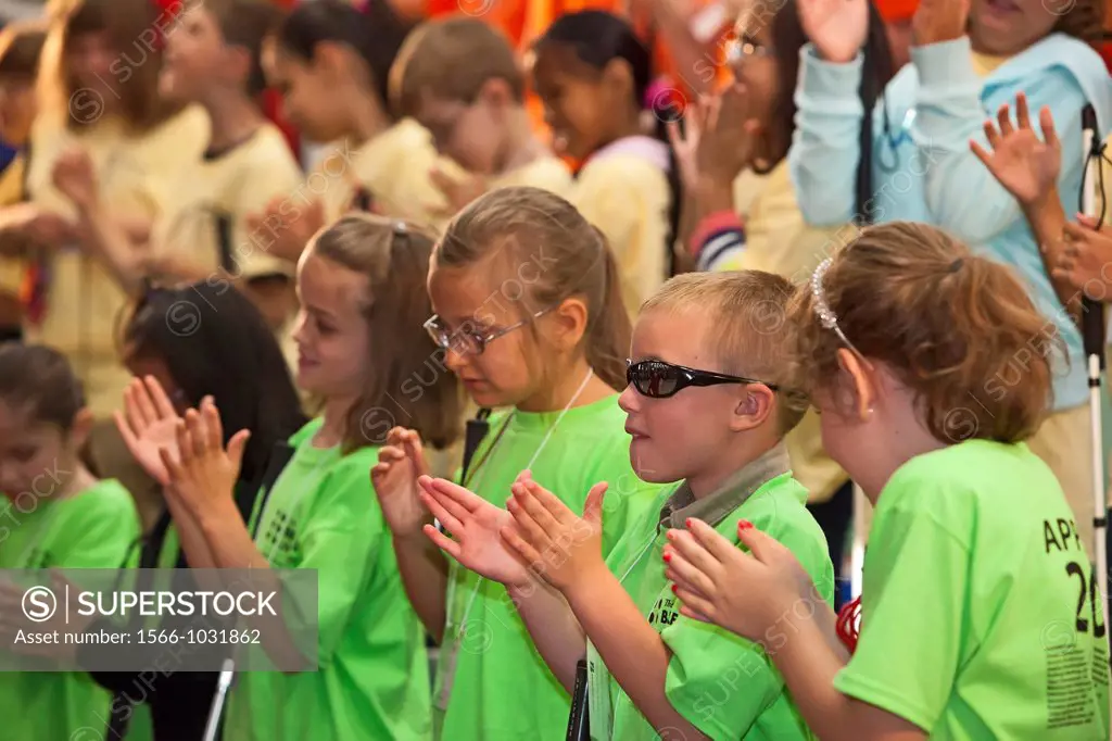 Los Angeles, California - Blind students are introduced at the start of the National Braille Challenge, a competition that tests their ability to tran...