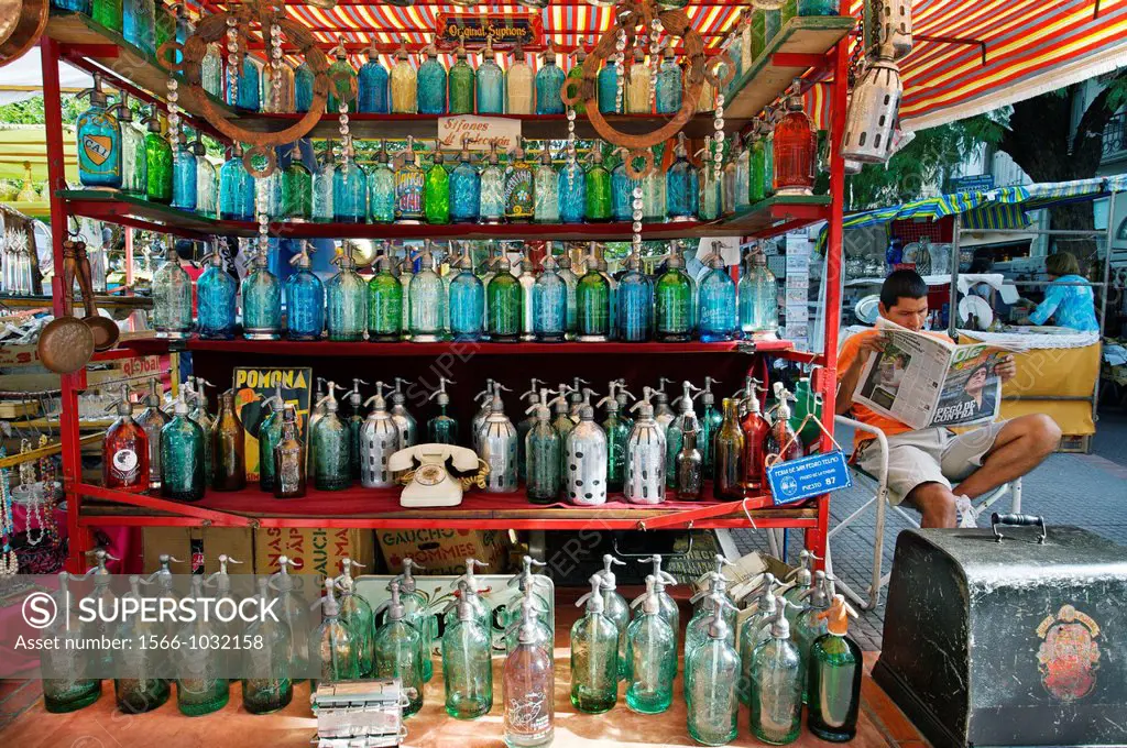 Seltzer bottles for sale at the San Telmo antique street market, Buenos Aires, Argentina.