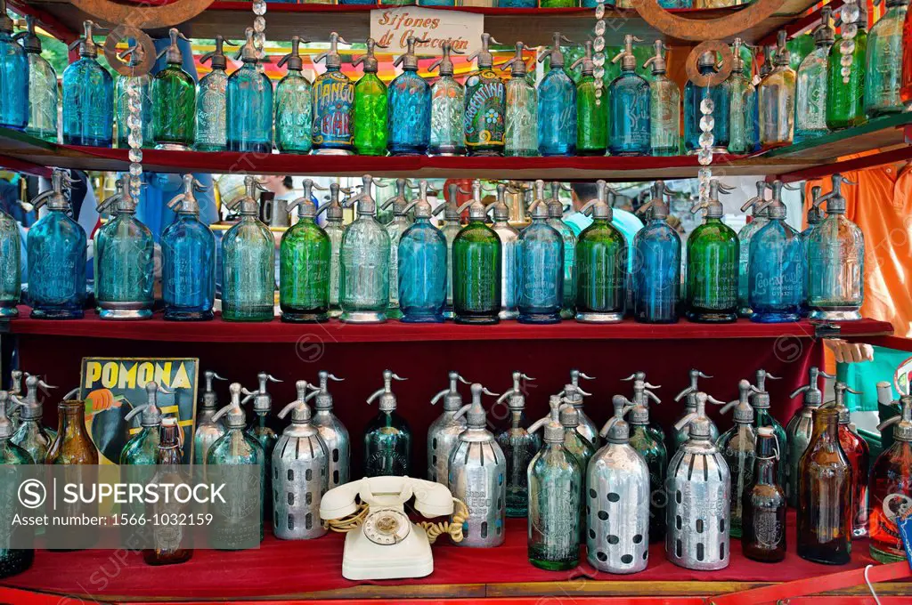 Seltzer bottles for sale at the San Telmo antique street market, Buenos Aires, Argentina.