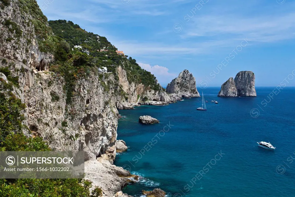 The Faraglioni sea stack rocks on the Island of Capri, Campania, Italy