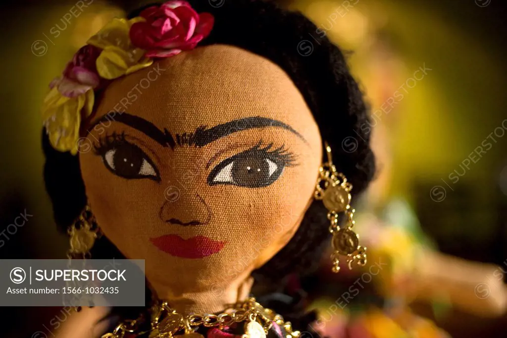 A Frida Kahlo doll sits for sale in Oaxaca, Mexico
