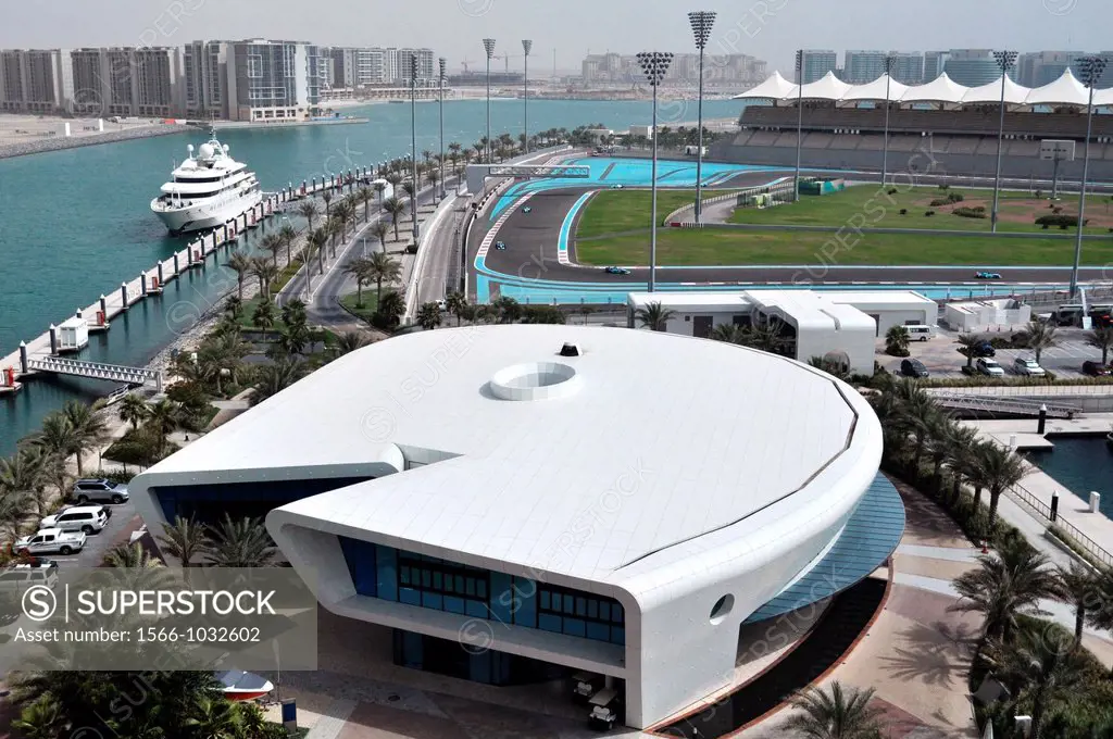 Abu Dhabi, United Arab Emirates: the Yas Marina and the Formula One Yas Marina Circuit, at Yas Island, seen from Cipianis Restaurant rooftop  