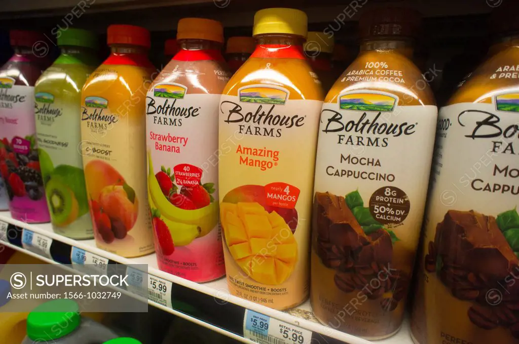 Bottles of Bolthouse Farms juice are seen in a supermarket refrigerator case