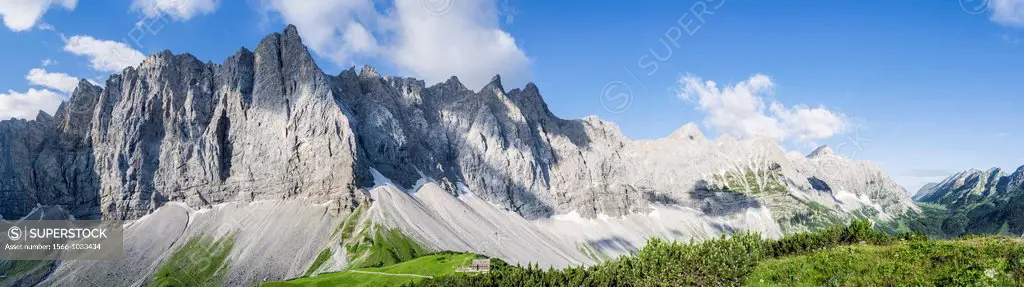 Karwendel Mountain Range between Hochjoch and Birkkar-Spitze, Austria  The sheer north faces of the Laliderer Waende are milestones in the alpine clim...